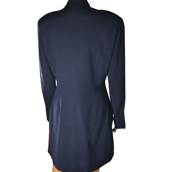 Pure Silk Blue Long Short Collar Blazer Split Sides Shoulder Pads Size 6 - Picture 4 of 8